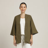 Juniper Set Of 3 - Overlay, Slip Top & Barrel Leg Pants - Olive Green & Ecru